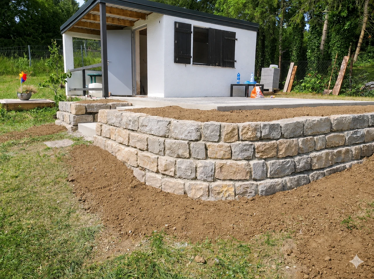 Weitere Ansicht der hellen Natursteinmauer am Gartenhaus